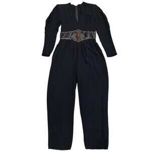 Vintage Black Sequin Waist Jumpsuit | Sheer Sleeve, V-Neck, Pockets, Formal Glam